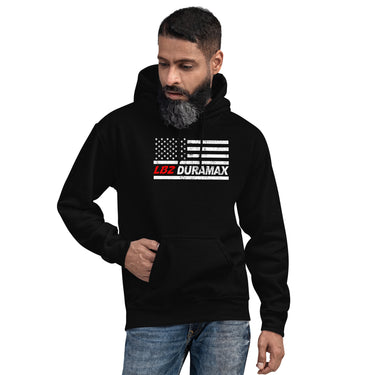LBZ American Flag Duramax Hoodie modeled in black